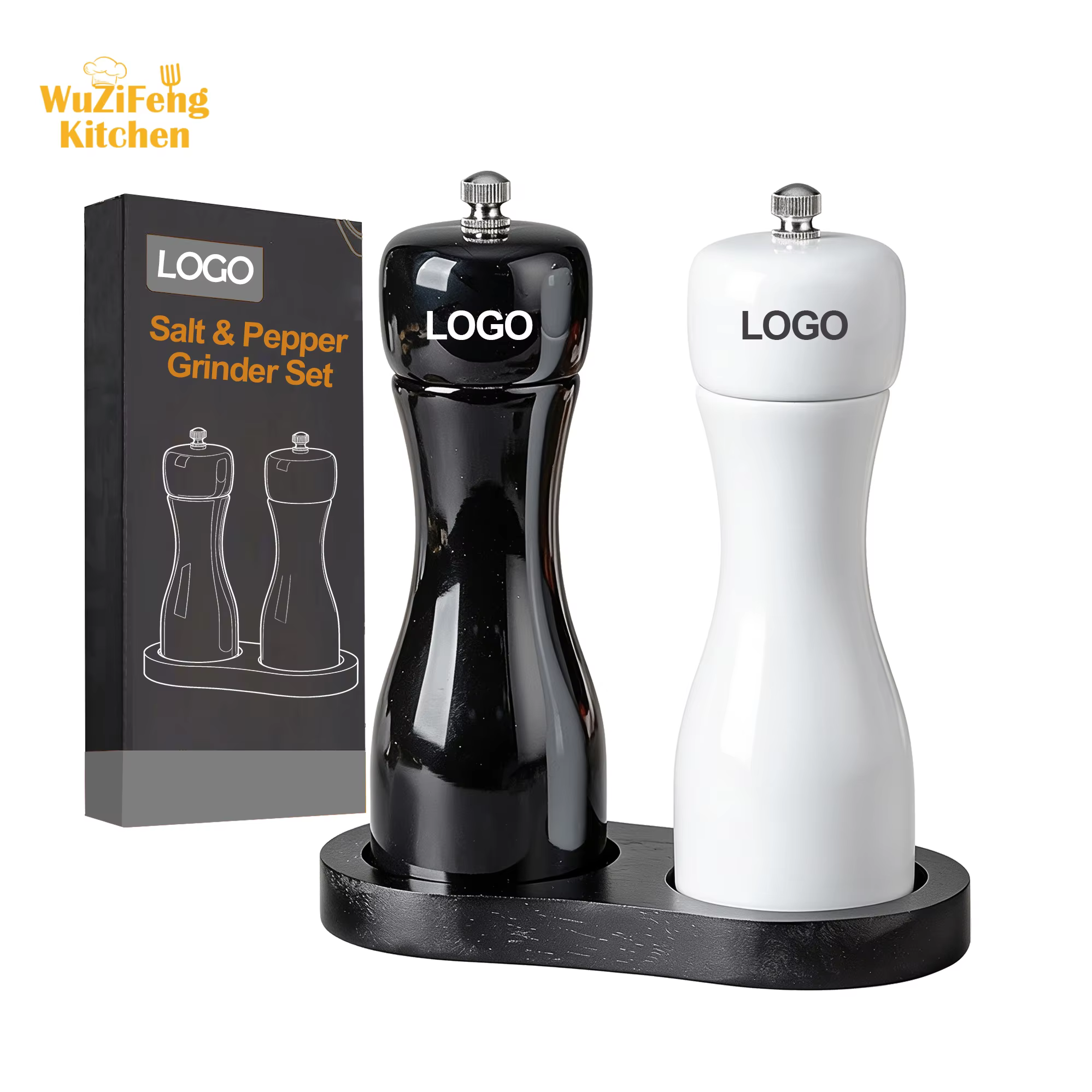Kitchen Black & White Manual Adjustable Oak Wood Refillable Spice Mills Shakers Salt and Pepper Mill Set with Ceramic Mechanism