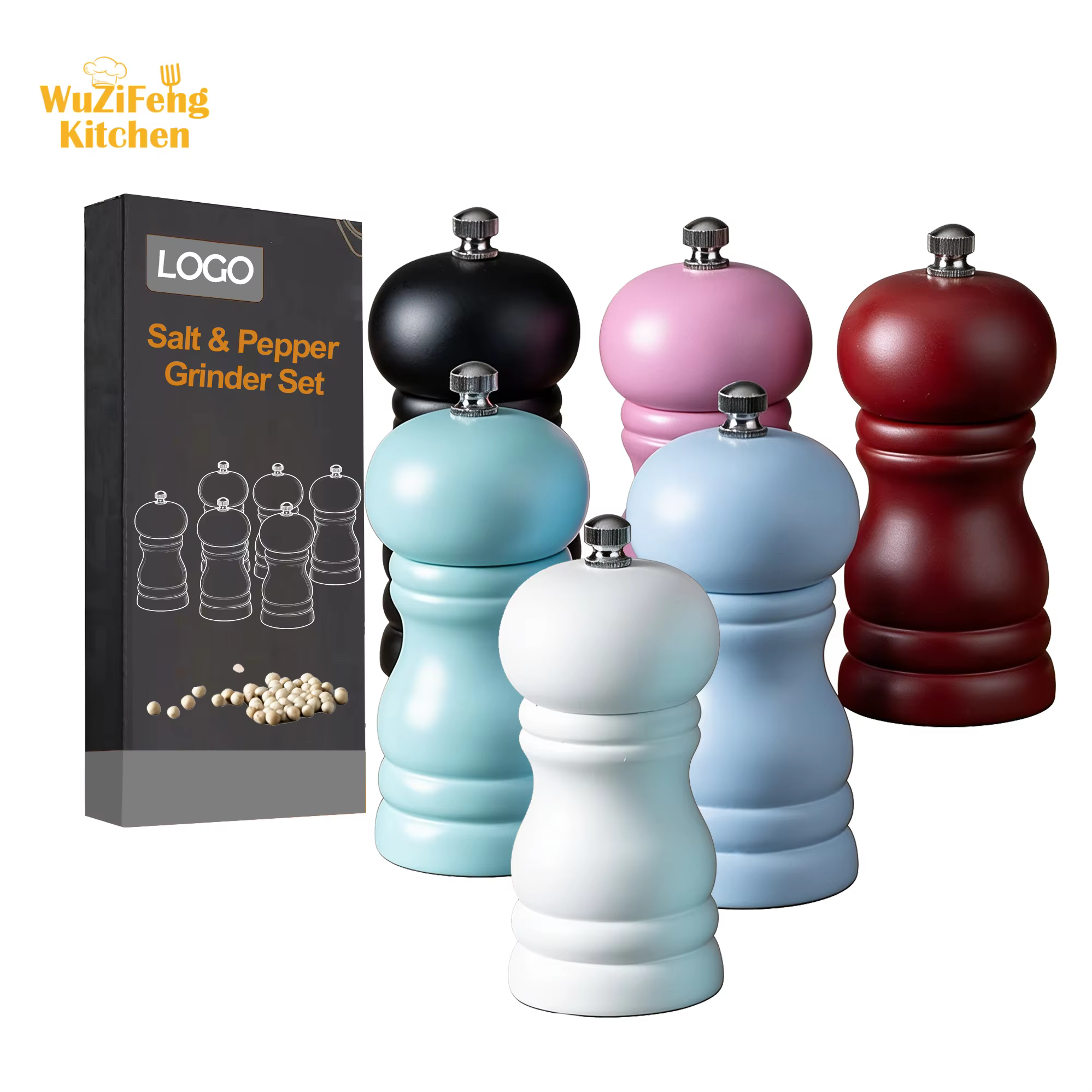 Kitchen 4inch Color PU Baking Paint Manual Classic Adjustable Grinder Ceramic Shakers Refillable Wooden Salt and Pepper Mill Set