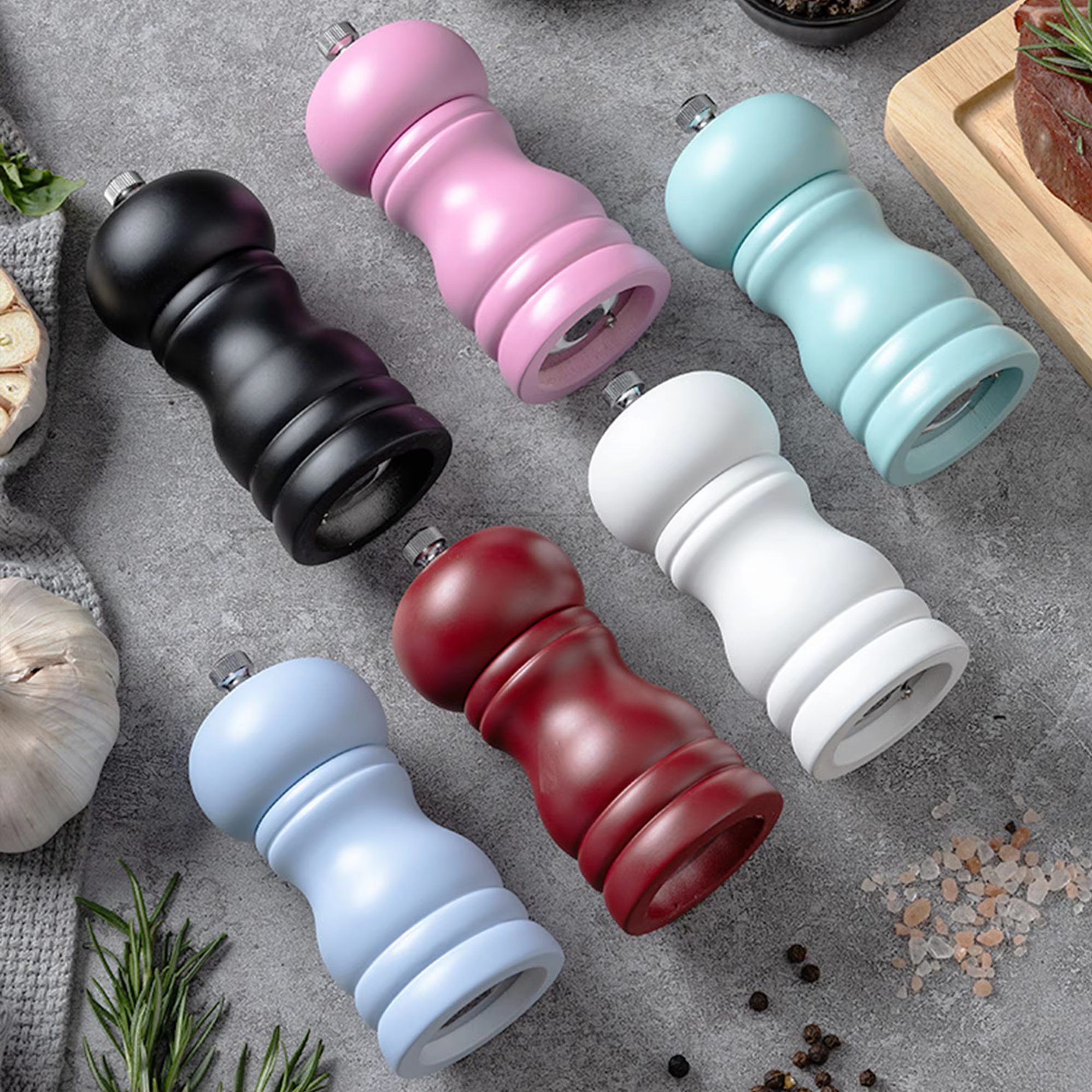 Kitchen 4inch Color PU Baking Paint Manual Classic Adjustable Grinder Ceramic Shakers Refillable Wooden Salt and Pepper Mill Set detail 5