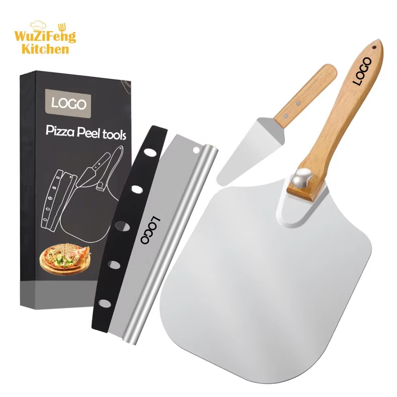 12*14 Inch Metal Pizza Tool Paddle Turning  Aluminum Pizza Rocker Cutter Cake Server Spatula Foldable Wood Handle Pizza Peel Set