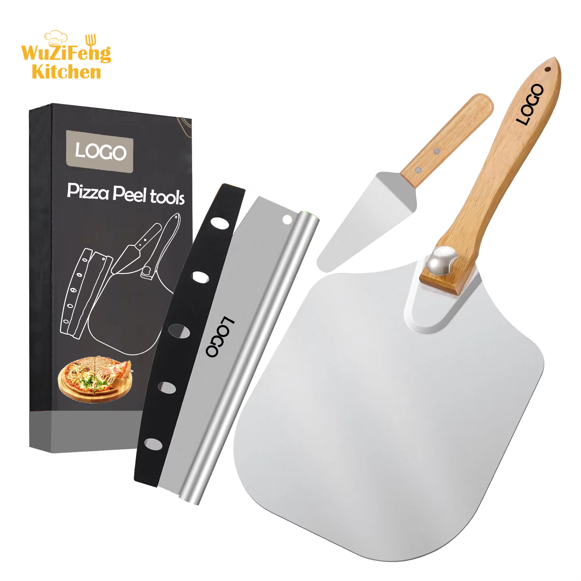 12*14 Inch Metal Pizza Tool Paddle Turning Aluminum Pizza Rocker Cutter Cake Server Spatula Foldable Wood Handle Pizza Peel Set detail 1