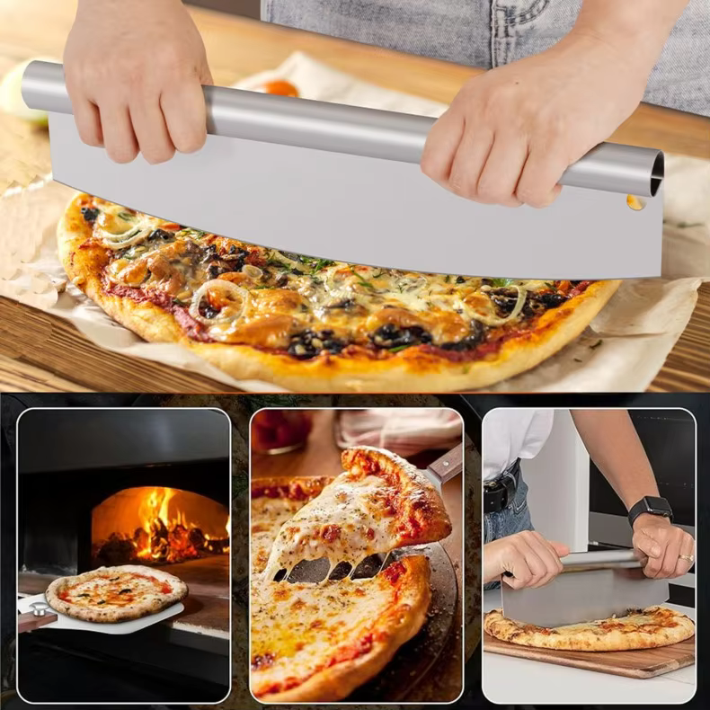 12*14 Inch Metal Pizza Tool Paddle Turning Aluminum Pizza Rocker Cutter Cake Server Spatula Foldable Wood Handle Pizza Peel Set detail 5