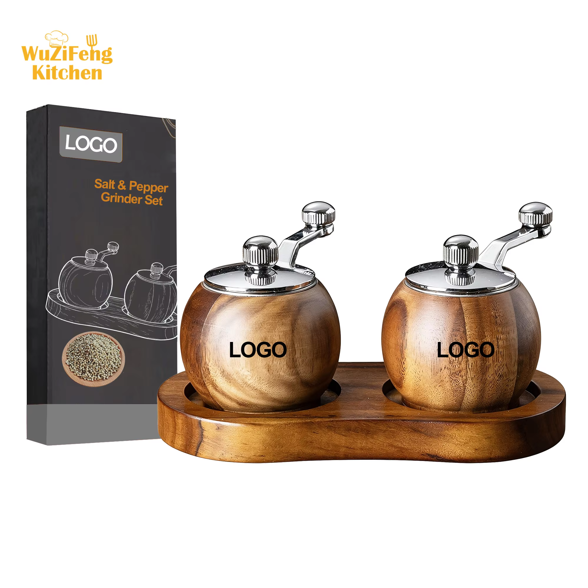 Kitchen Tool Hand Crank Ball Shape Refillable Spice Mill Multi-purpose Acacia Wood Manual Ceramic Core Pepper and Salt Grinder