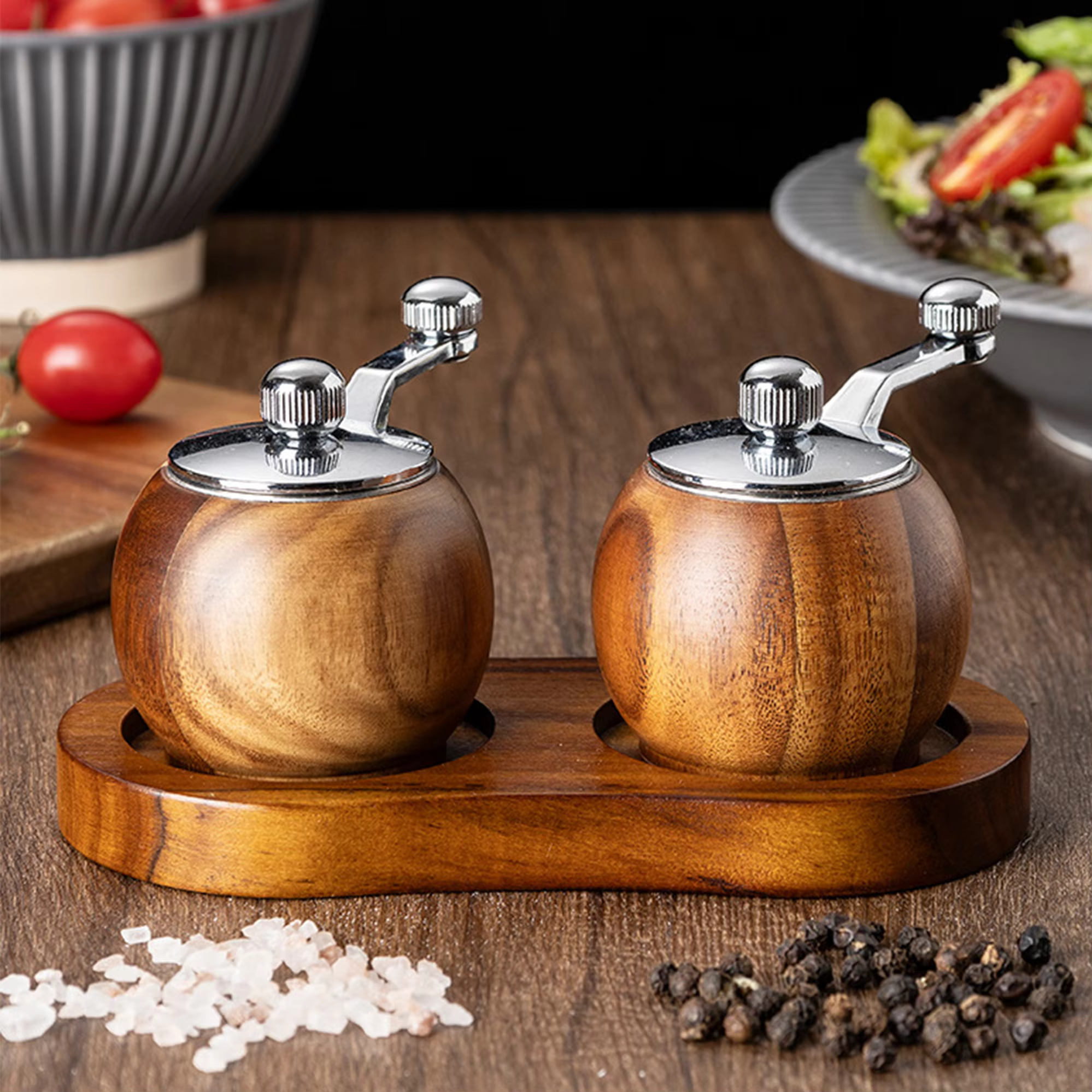 Kitchen Tool Hand Crank Ball Shape Refillable Spice Mill Multi-purpose Acacia Wood Manual Ceramic Core Pepper and Salt Grinder thumbnail 6
