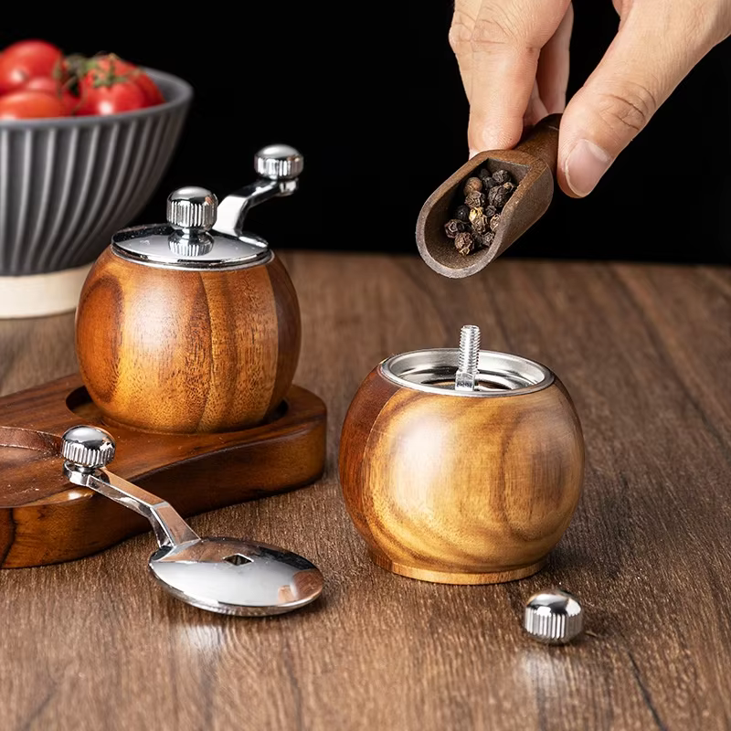 Kitchen Tool Hand Crank Ball Shape Refillable Spice Mill Multi-purpose Acacia Wood Manual Ceramic Core Pepper and Salt Grinder detail 2