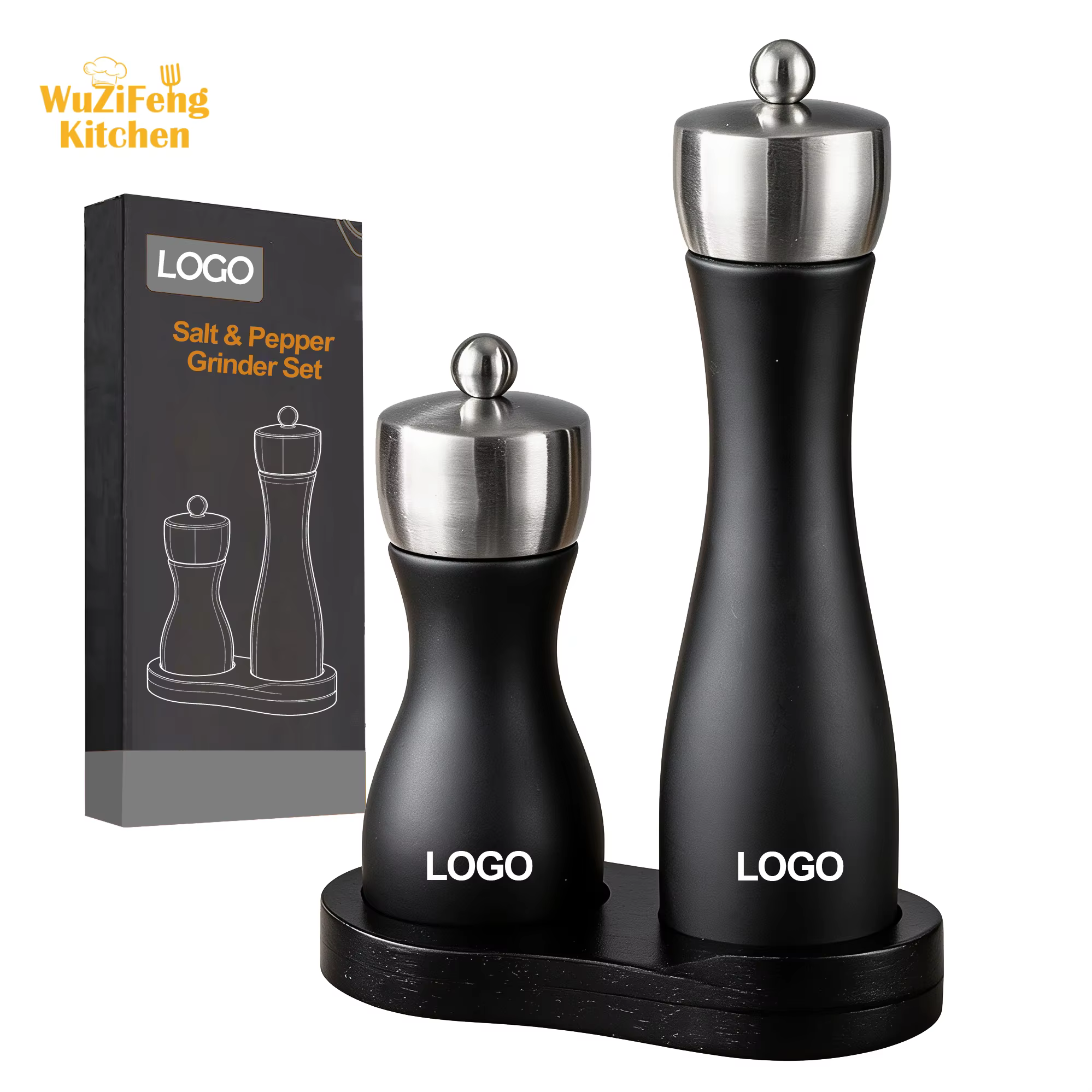 Durable Professional Manual Refillable Spice Mill Wooden Black Salt and Pepper Grinder Set with Adjustable Coarseness Ceramic