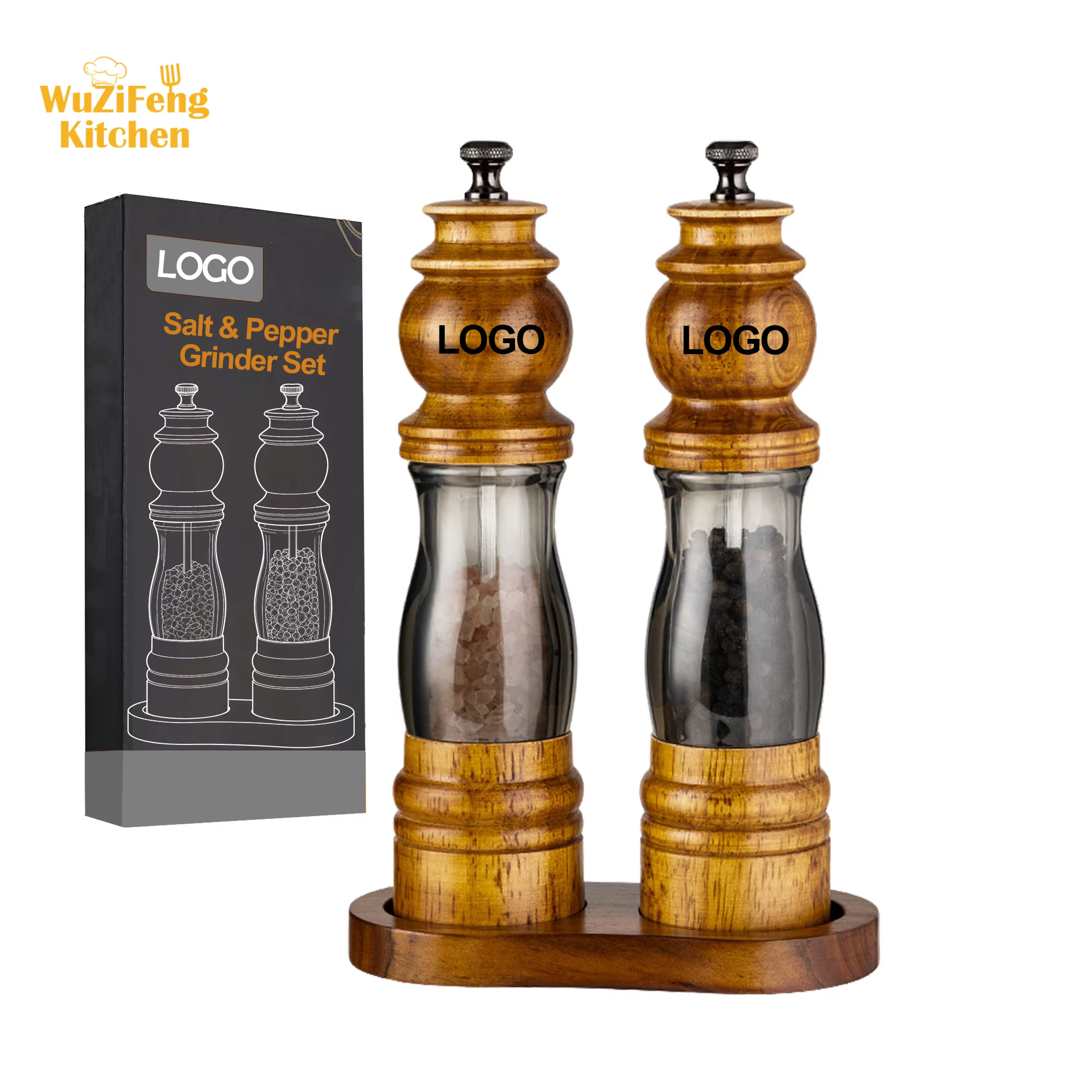 2Pack Refillable Adjustable Coarseness Manual Wooden Shakers Acrylic Salt and Pepper Mills Set with Ceramic Grinder & Wood Stand