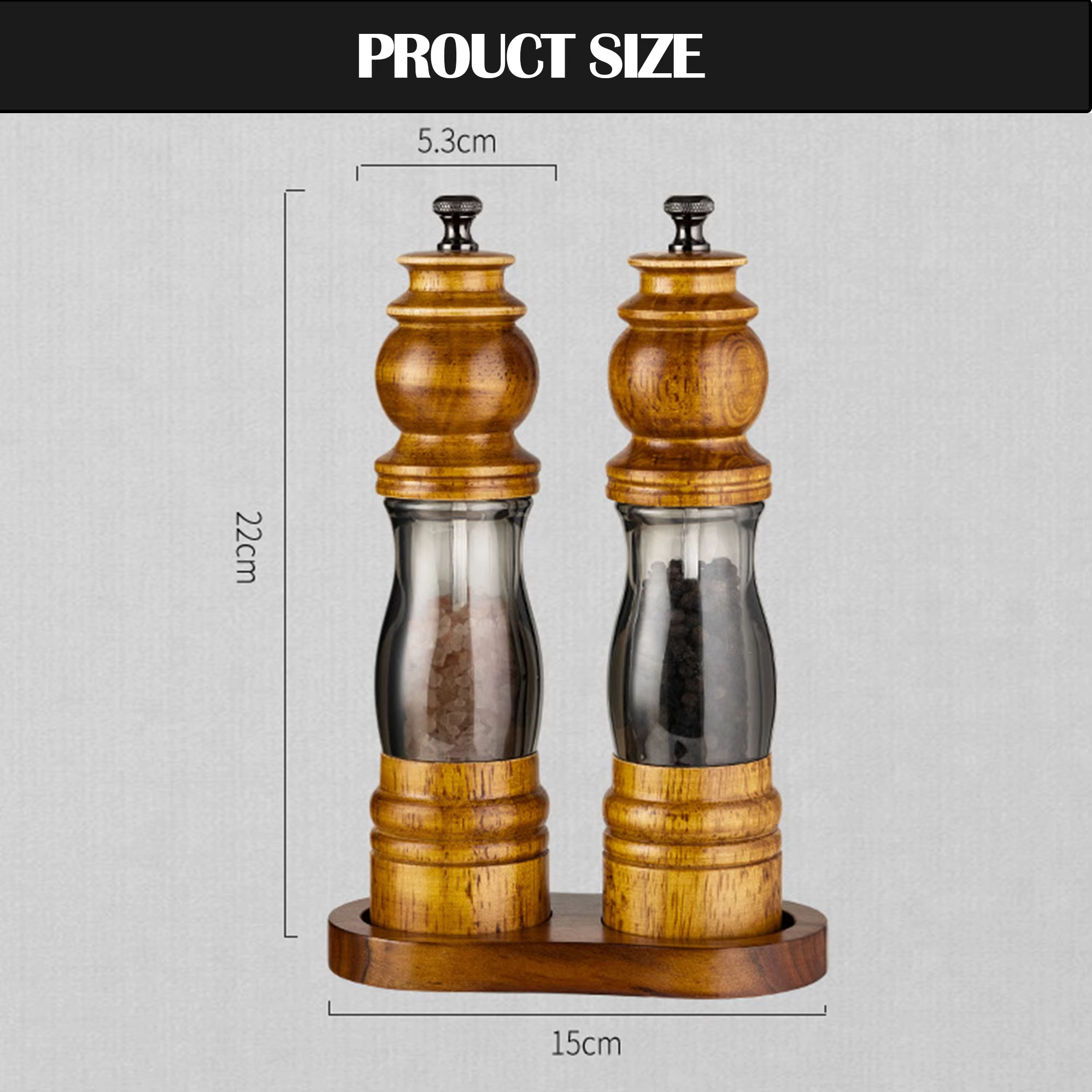 2Pack Refillable Adjustable Coarseness Manual Wooden Shakers Acrylic Salt and Pepper Mills Set with Ceramic Grinder & Wood Stand thumbnail 2