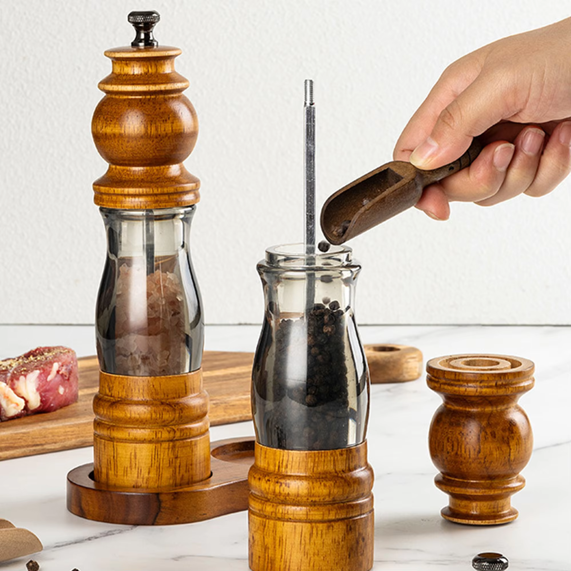 2Pack Refillable Adjustable Coarseness Manual Wooden Shakers Acrylic Salt and Pepper Mills Set with Ceramic Grinder & Wood Stand thumbnail 3