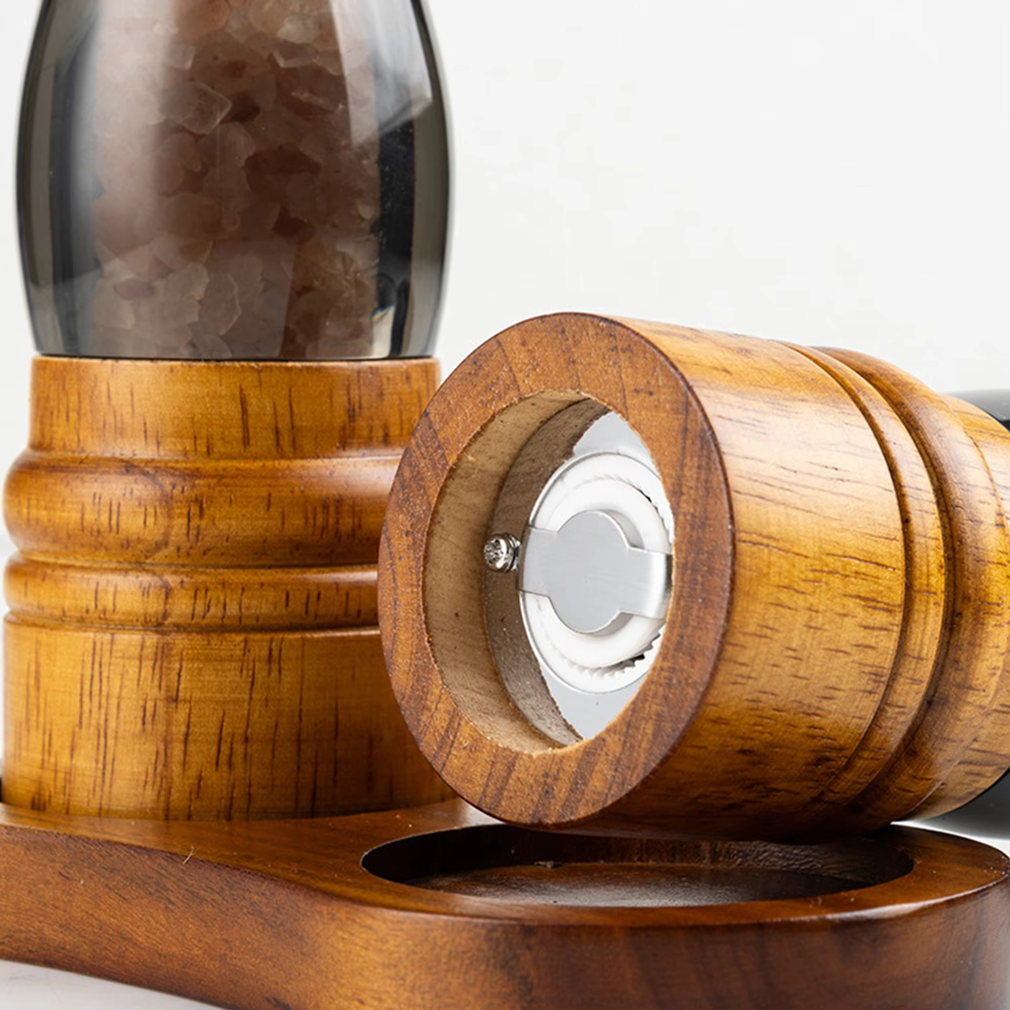 2Pack Refillable Adjustable Coarseness Manual Wooden Shakers Acrylic Salt and Pepper Mills Set with Ceramic Grinder & Wood Stand thumbnail 4