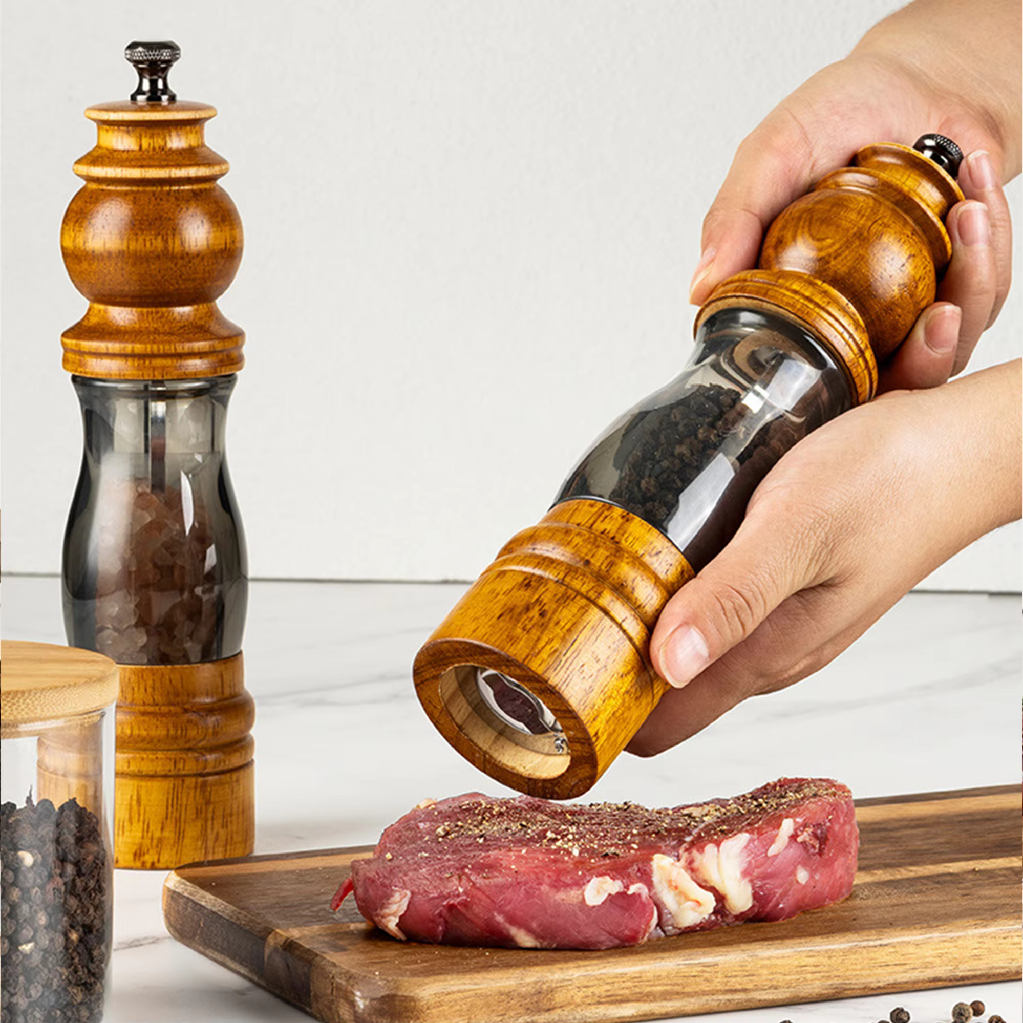 2Pack Refillable Adjustable Coarseness Manual Wooden Shakers Acrylic Salt and Pepper Mills Set with Ceramic Grinder & Wood Stand thumbnail 5