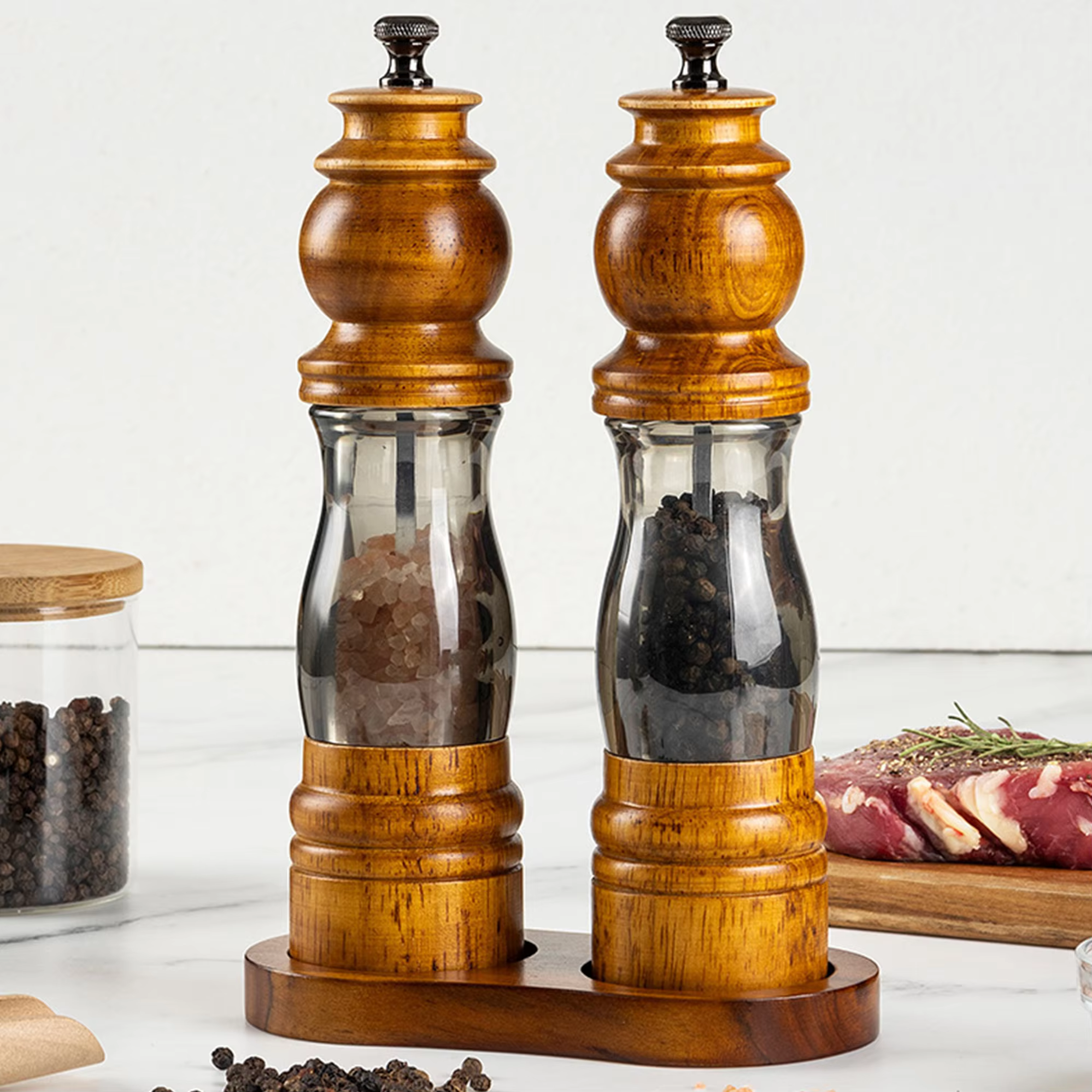 2Pack Refillable Adjustable Coarseness Manual Wooden Shakers Acrylic Salt and Pepper Mills Set with Ceramic Grinder & Wood Stand thumbnail 6