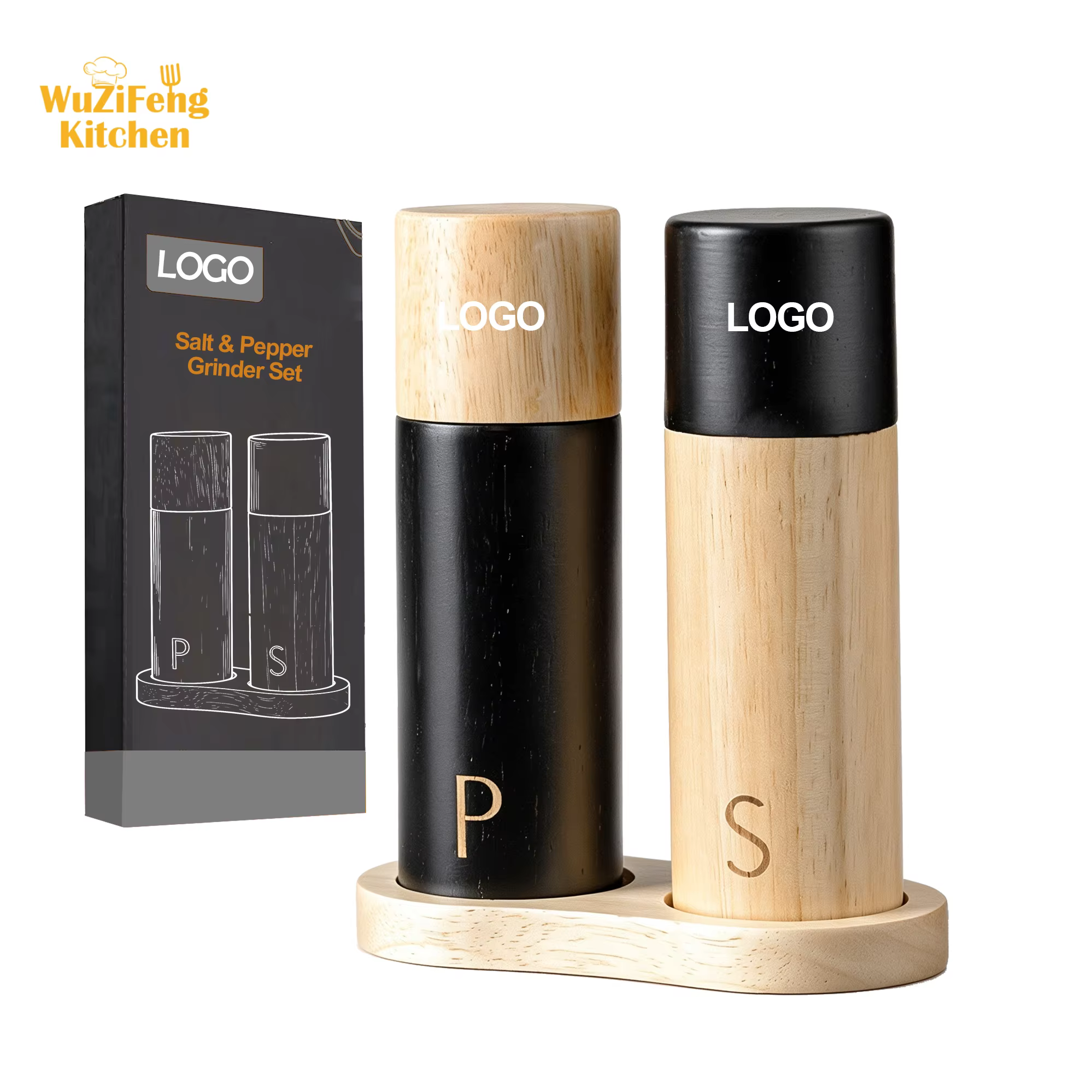 Cooking Gift 7inch Cylindrical Spice Mill Shakers Rubber Wooden Base Adjustable Coarseness Ceramic Core Salt and Pepper Grinder