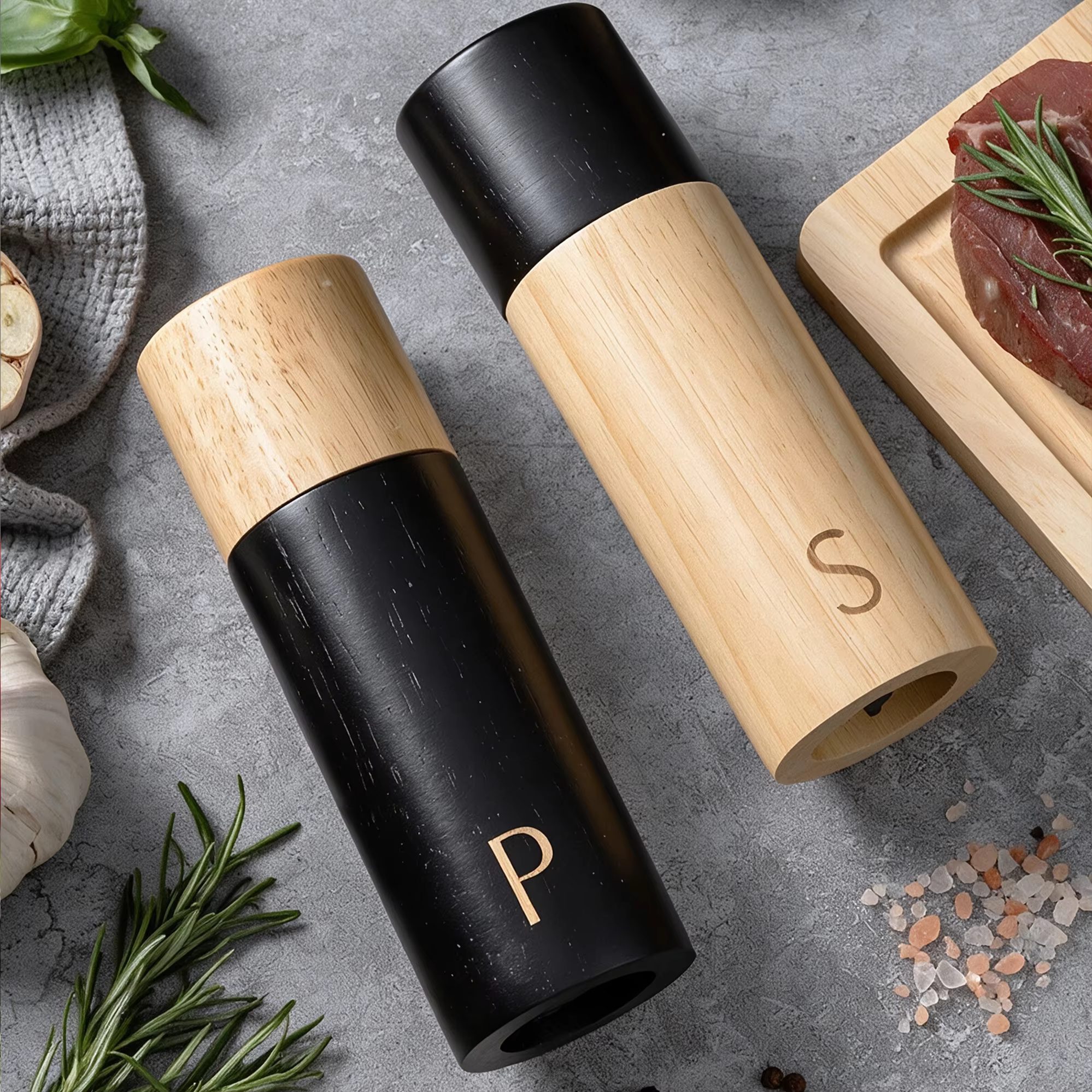 Cooking Gift 7inch Cylindrical Spice Mill Shakers Rubber Wooden Base Adjustable Coarseness Ceramic Core Salt and Pepper Grinder detail 2