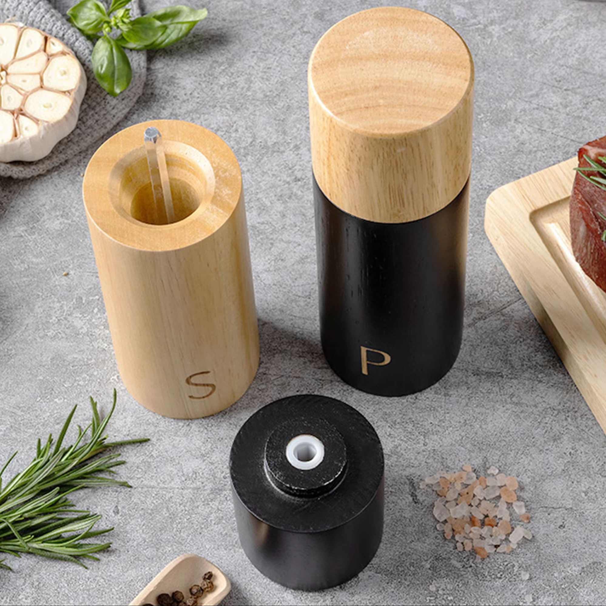 Cooking Gift 7inch Cylindrical Spice Mill Shakers Rubber Wooden Base Adjustable Coarseness Ceramic Core Salt and Pepper Grinder detail 4
